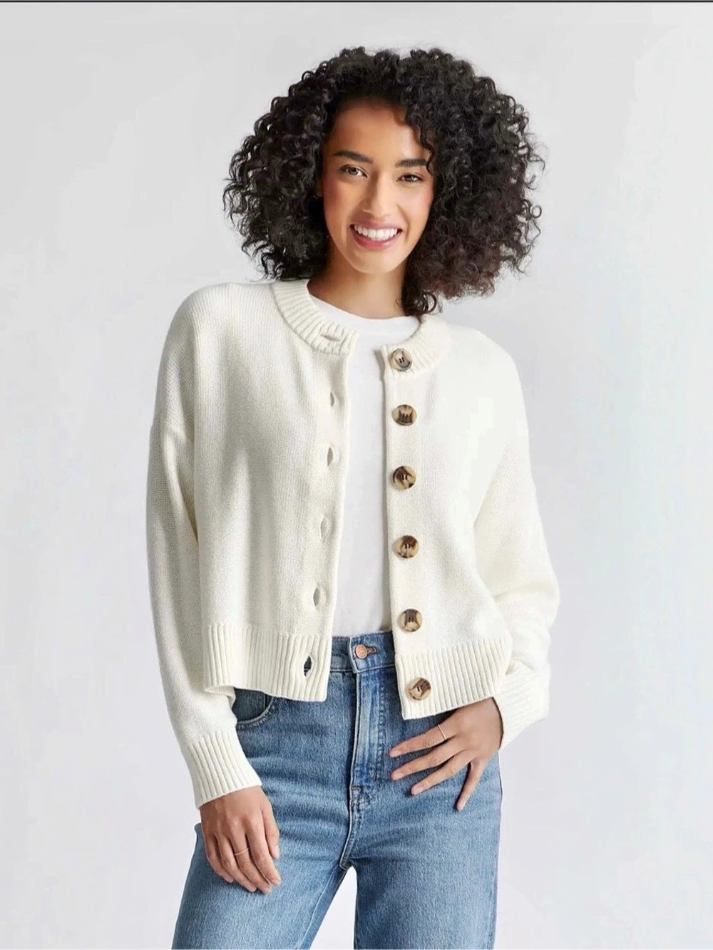 Quince Cropped Cardigan Organic Cotton in Ivory Size Medium